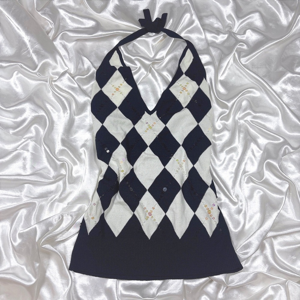 y2k Halter Top Black White Excellent Argyle Sequin The Limited Knit V-Neck